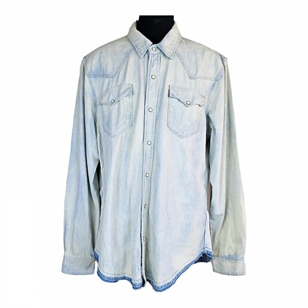 True Religion Denim Pearl Snap Shirt Western Cotton Light Wash Size 2XL/TG